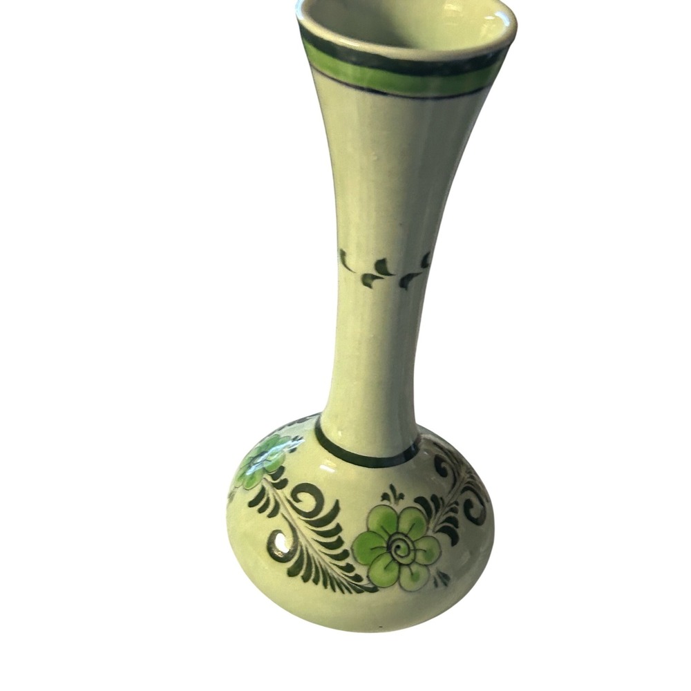 Vintage CAT Mexico Hand Painted Pottery Bud Vase Green Floral Folk Art 8.5" - Picture 5 of 10